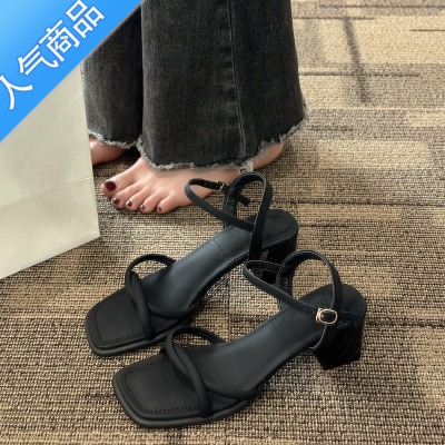 SUNTEK高跟鞋凉鞋女2023新款夏季粗跟时尚一字带法式配裙子中跟气质方跟