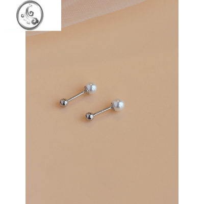 JiMi925银银贝珠螺纹耳钉ins风设计感气质百搭大珍珠耳饰品女