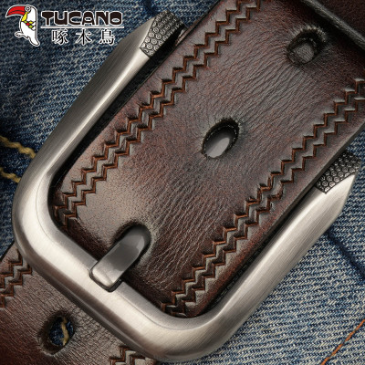 啄木鸟牛皮皮带男真皮青年腰带休闲针扣头裤带男纯手工真皮层压花