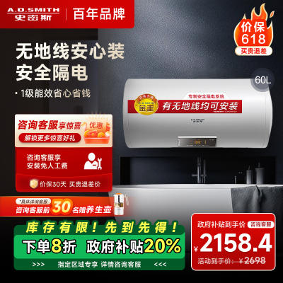AO史密斯60升电热水器 无地线可安装 专利安全隔电 金圭内胆 速热节能 一键中温保温E60VDS 预约洗浴