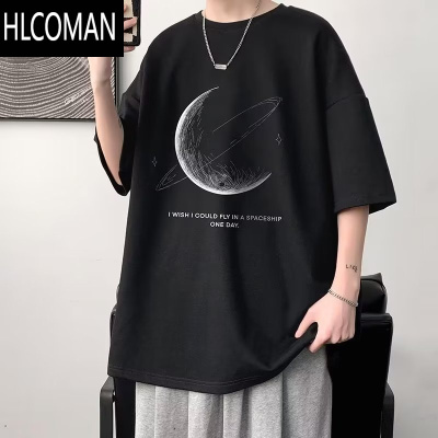 HLCOMAN加肥加大码短袖男t恤2025夏季港风宽松五分袖圆领印花半袖潮