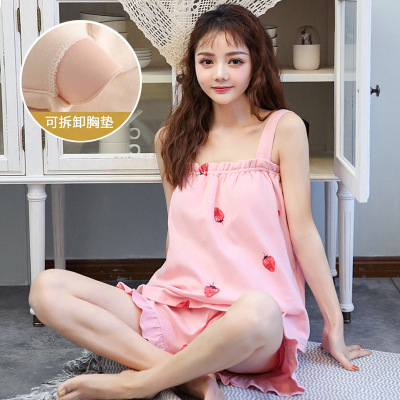 睡衣女夏季纯棉背心带胸垫吊带女士短裤可爱卡通休闲家居服可外穿