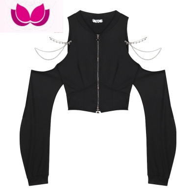 七斓辣妹露肩长袖T恤女装春季别致独特设计感小众修身短款上衣打底衫