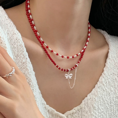 S925纯银红水晶串珠蝴蝶结项链轻奢高级感气质小众叠戴锁骨链送女朋友老婆情人节七夕生日礼物