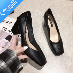 SUNTEK单鞋女2023春秋季新款复古方头软皮上班百搭粗跟两穿高跟鞋不累脚