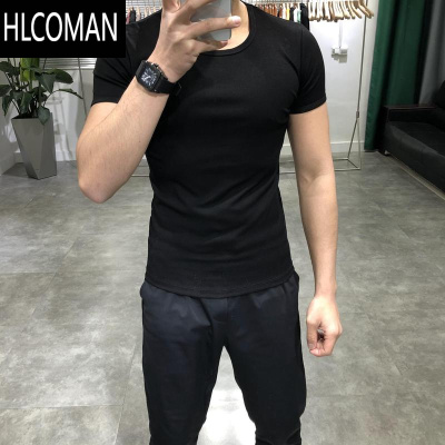 HLCOMAN2025夏季纯色男士短袖t恤圆领休闲时尚修身健身多色网红打底衫潮