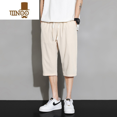 YANXU亚麻七分短裤男宽松夏季超薄款外穿冰丝速干运动卡其色休闲中裤子