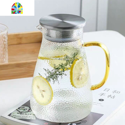 创意锤纹冷水壶套装可高温家用凉水壶北欧耐热玻璃果汁凉水杯客厅 FENGHOU 6只直身杯+杯架+1.8升壶+小竹盘