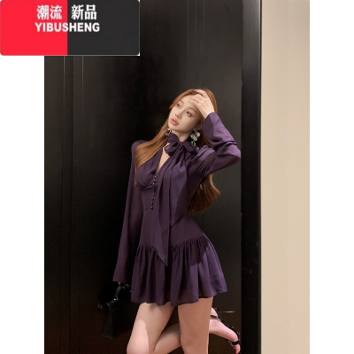 YIBUSHENG紫色绑带v领长袖连衣裙女季修身气质短裙轻熟风收腰显瘦a字裙子