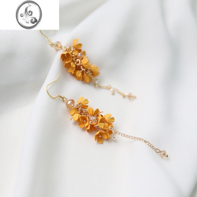 JiMi哑光黄色小碎花桂花水晶流苏耳环无耳洞耳夹 原创可爱日系ins韩国