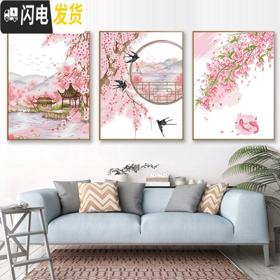 三维工匠十字绣线绣小幅客厅十里桃花小件2019新款简约现代自己绣 埃及棉4股[单件6502十里桃花3]尺寸50*63厘米