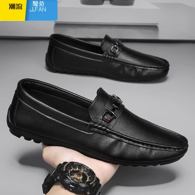 聚范豆豆男鞋夏季透气英伦风黑色商务男士休闲皮鞋一脚蹬开车软底潮鞋