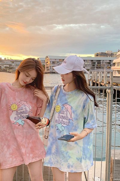 扎染 卡通女式休闲打底衫韩国女装宽松短袖T恤女上衣