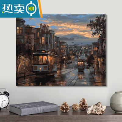 敬平数字油画diy油彩画客厅风景填色手工绘填色装饰画夜色电车装饰画