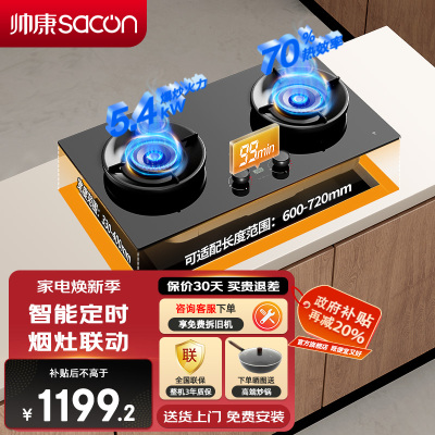 帅康(sacon)3B815燃气灶定时双灶台式嵌入式煤气灶5.4kW大火力烟灶联动可调节家用钢化玻璃以旧换新煤气炉液化气