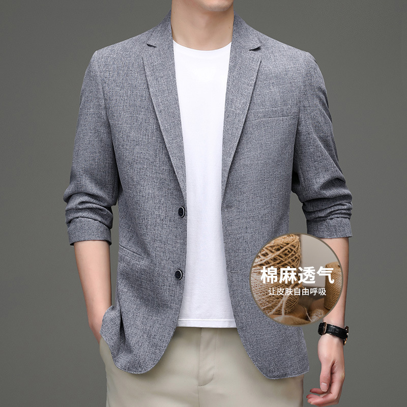 棉麻西装春秋薄款男士休闲西装修身开衩小西装亚麻外套男