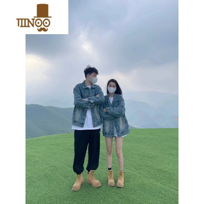 YANXU情侣装蓝色牛仔外套男款潮牌复古翻领宽松休闲工装夹克上衣