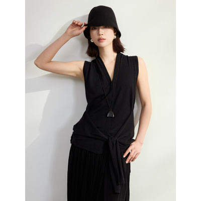 设计感 绑带无袖V领针织衫女外穿背心小众屁帘含桑蚕丝春季上衣女