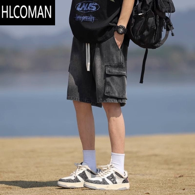 HLCOMAN烟灰色工装牛仔短裤男款美式高街宽松裤子休闲五分裤男士直筒中裤
