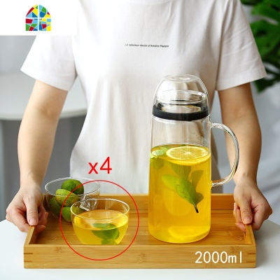 全密封防尘玻璃冷水壶2L大容量凉白开水瓶耐热高温防爆家用放冰箱 FENGHOU 1.0L乐檬壶+4只杯盖凉水壶