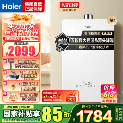 海尔(Haier)燃气热水器天然气家用无级变频水伺服恒温五段微火七重净水健康洗智能KE5 16升[下置风机+轻音低噪]