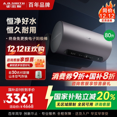 AO史密斯80升电热水器 国家补贴 金圭内胆 双棒分离速热 免换镁棒 免清洗 E80ED8