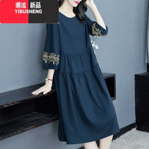 YIBUSHENG宽松气质今年流行长袖连衣裙2023春季新款胖MM大码女装遮肚显瘦女