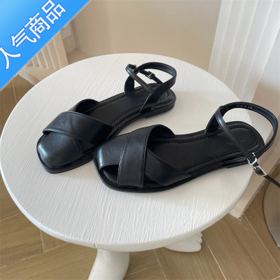 SUNTEK日系学院风包头后空单鞋女2023夏新款法式百搭一字扣罗马凉鞋平底