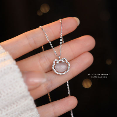 s925纯银吉祥长命锁白玉髓微镶锆石项链女国风如意祥云复古锁骨链送女朋友老婆情人节七夕生日礼物