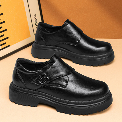 男士秋季新款百搭日常舒适厚底低跟纯色时尚车圆头休闲皮鞋