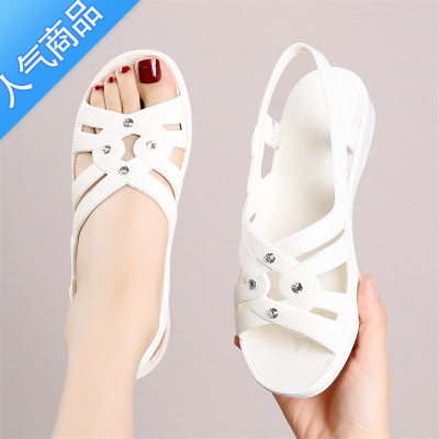 SUNTEK妈妈凉鞋女夏2023新款防滑中年平底凉鞋中老年中跟软底护士孕妇鞋