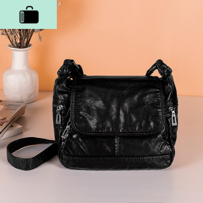 皮气质女包2020新款欧美时尚女士妈妈斜挎包牛皮软皮单肩包大NEW LAKE 经典黑女斜挎包