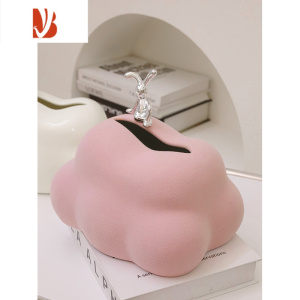 三维工匠ins纸巾盒客厅简约云朵球创意茶几收纳摆件装饰品家用抽纸盒 粉色毛茸茸云朵纸巾盒+银兔