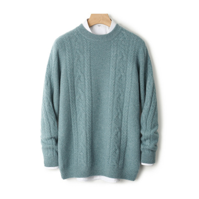 重磅三股加厚羊毛衫男士圆领麻花毛衣长袖套头提花宽松针织打底衫