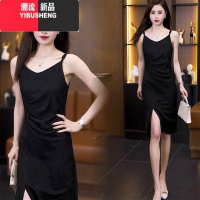 YIBUSHENG黑色吊带裙2024新款腰部褶皱连衣裙高级感气质开叉显瘦中长裙子