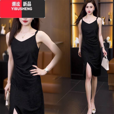 YIBUSHENG黑色吊带裙2024新款腰部褶皱连衣裙高级感气质开叉显瘦中长裙子