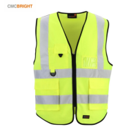 CMCBRIGHT反光背心 粘扣拉链式反光衣 环卫施工工地汽车交通安全警示001008Y荧光黄拉链多口袋 XL