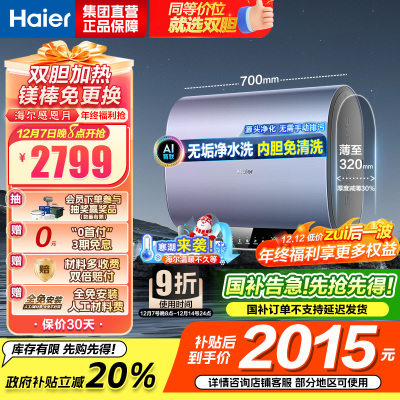 海尔(Haier)60升双胆电热水器家用短款储水式超薄省空间3300w速热净水洗大容量DT7K单/双胆加热镁棒免更换