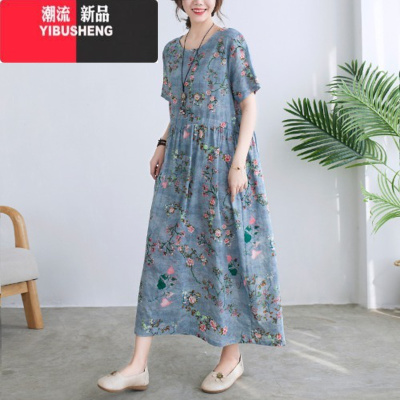 YIBUSHENG复古大码女装初新款宽松减龄中长款碎花收腰显瘦大摆棉麻连衣裙