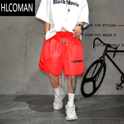 HLCOMAN美式高街炫彩红色宽松抽绳短裤男潮牌痞帅炸街阔腿运动健身五分裤