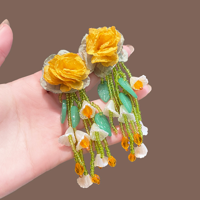 海边度假风雪纺花朵串珠流苏耳环夏天小众设计感夸张耳钉气质耳饰送女朋友老婆情人节七夕生日礼物