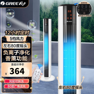 格力(GREE) 塔扇FL-09X62Bhc 电风扇家用办公遥控落地扇 无叶立式塔扇 支持定时功能 遥控版 4种送风模式