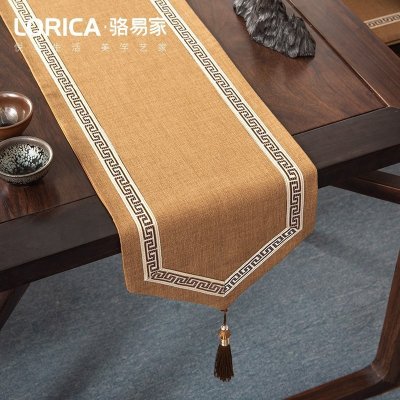 美式桌旗新中式禅意茶旗布现代简约茶几餐桌北欧电视 福延年-卡其(尖角款) 33*180cm(适用桌长1.3米-1.4米)