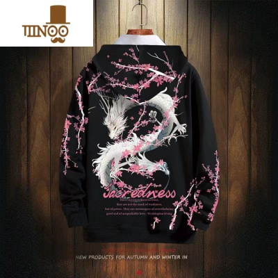 YANXU国潮龙印花连帽卫衣男士中国风黑色外套潮牌休闲加绒宽松情侣