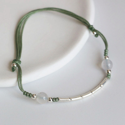 清新竹节绿手绳编织抽拉时尚新中式纯银配件手链好搭叠戴风银饰女送女朋友老婆情人节七夕生日礼物