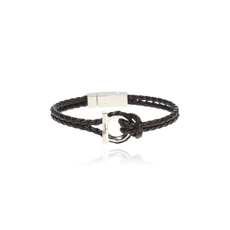 Salvatore Ferragamo时尚黑银编织手链小牛皮磁扣设计优雅女款饰品
