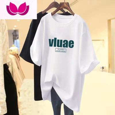 七斓正肩短袖t恤女2022夏季新款字母印花中长款宽松大码显瘦上衣ins潮