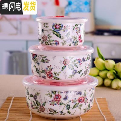 三维工匠骨瓷饭盒微波炉饭盒便当盒保鲜碗陶瓷饭盒三件套带盖 [富士山风情]