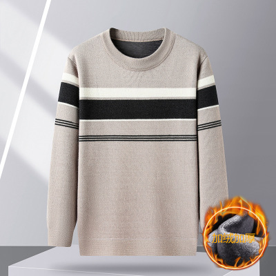 加绒加厚保暖针织衫冬季新款圆领休闲加绒拼色毛衫青年时尚男装厚