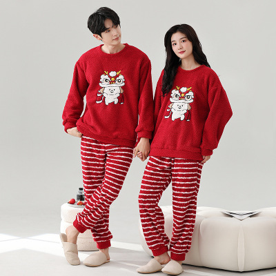 情侣睡衣女款春秋冬季珊瑚绒加厚加绒保暖一男士一女士家居服套装